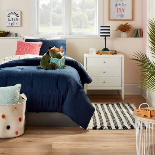 Full/Queen Seersucker Kids' Comforter Set Navy - Pillowfort™: Microfiber Bedding, OEKO-TEX Certified, 3-Piece Set
