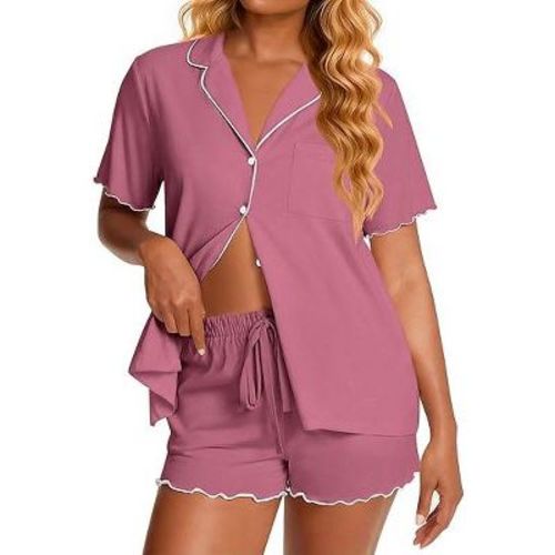 Ekouaer Viscose from Bamboo Women Pajama Sets Button Up Cooling Pjs Short Sleeve Ruffle Sleepwear 2 Piece Lounge Shorts Set Dark Pink L