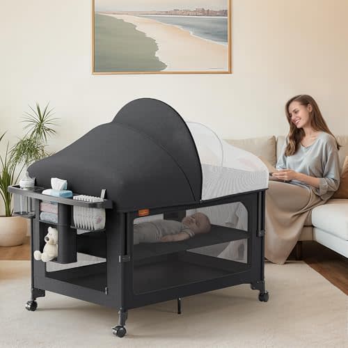 TinyGlow 4 in 1 Baby Bassinet, Pack and Play, Bedside Crib Sleeper, Diaper Changer, Quickly Assembled and Folded Portable Crib with Mattress and Mosquito Net, Easy to Carry