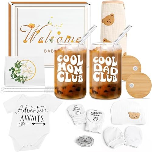 Newborn Gifts Set Gender Neutral Baby Shower Gifts Gender Reveal Gifts for Parents to Be, New Mom Dad Gifts Mom Dad Coffee Glass & Baby Items, Mom to Be Gift Pregnancy Gifts for Expecting Mom