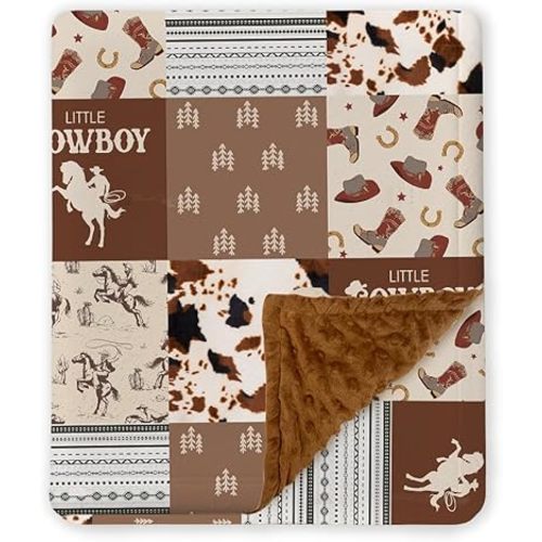 Western Baby Blanket, Cowboy Minky Blankets for Boys Girls, Nursery Room Decor, Soft Warm Lightweight Nursery Bed Blanket for Newborn Toddlers Son Daughter (10)