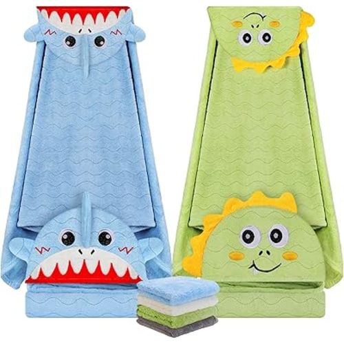 6 PCS Toddler Towels Set for Boy Girl 0-5 Year, 2 PCS Thick Hooded Baby Bath Towels for Kids Large 55" x 27.5" & 4 PCS Washcloths, Soft Toddler Newborn Bath Essentials Gifts, Dinosaur & Elephant