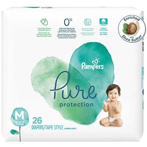 Diapers Size 3, 26 Count - Pampers Pure Protection Disposable Baby Diapers, Hypoallergenic and Unscented Protection, Jumbo Pack (Packaging & Prints May Vary)