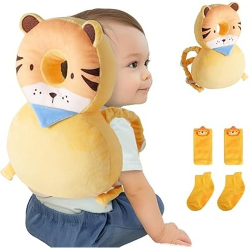 Baby Head Protector Backpack (9 to 24 Months) - Cute Head Guard Pillow with Knee Pads and Socks, Crawling and Walking Safety Set, Toddler Head Cushion Backpack, Baby Gift, Yellow Lion