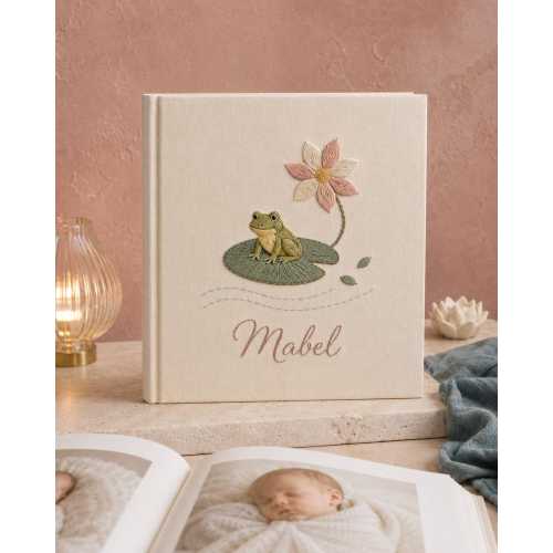 Linen Baby Photo Album with Hand Embroidered Frog Blossom, Personalized Keepsake for Newborns