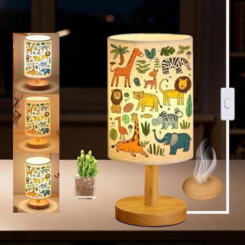 Animal Kids Bedside Table Lamp for Bedroom, 3 Colors Nightstand Light Lamp with Wood Base Round Flaxen Fabric Shade Desk Reading Lamp for Girls Boys Room Decor, Animal Nursery Stuff Girls Gifts
