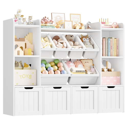 Hiphuta 3 Tier Kids Bookcase with Toy Storage Organizer, Wood Toy Organizer of 6 Boxes & 4 Removable Drawers, White