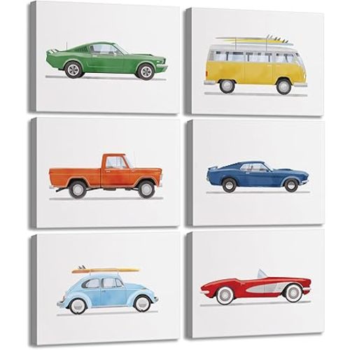 BBQCBA 6Pcs Nursery Car Canvas Wall Art Watercolor Retro Transportation Wall Decor Pictures Kids Vehicle Posters Prints for Boys Room Teens Bedroom Playroom Decorations