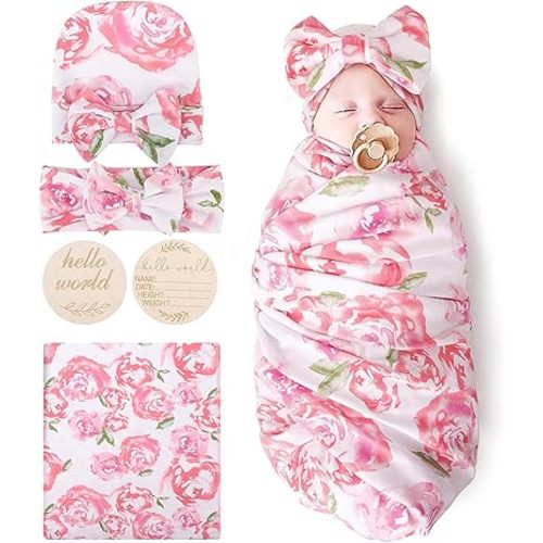BQUBO Baby Girl Newborn Floral Receiving Blankets with Bow Hat Headband Wooden Birth Announcement Card Set Newborn Baby Swaddling Hats Sleepsack Toddler Warm Shower Gift