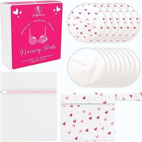 Ninja Mama Super Soft Organic Bamboo 4 Layer Washable Breast Pads - Reusable Nursing Pads for Breastfeeding. Contoured Shape Nipple Pads for Leaking Breast Milk - Pack of 14