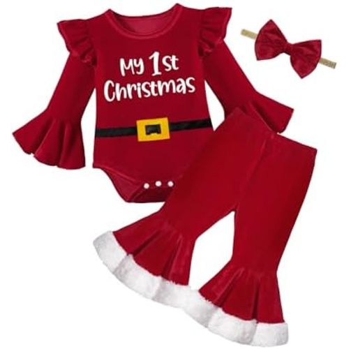 Baby Girl Christmas Outfit Ruffle Long Sleeve My 1st Christmas Romper + Velvet Bell Bottoms + Headband 3Pcs