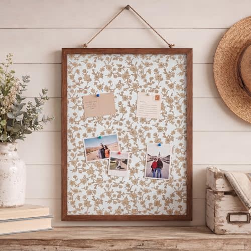 Leinuosen 17" x 23" Cork Bulletin Board, Beige Floral Vine, Wood Frame | Decorative Cute Farmhouse Linen Corkboard for Photo Display, Office Bedroom Dorm Room, Wall-mounted Boho Cottagecore Decor