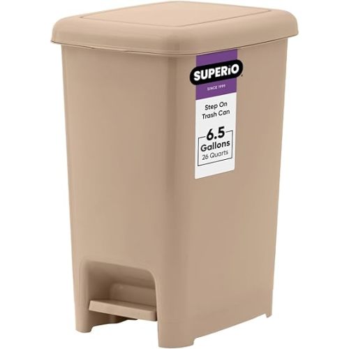 Superio Slim Step On Trash Can, Beige Waste Bin with Foot Pedal Lid 26 Liter, Kitchen, Under Desk, Office, Bedroom, Bathroom (1, 6.5 Gallon)
