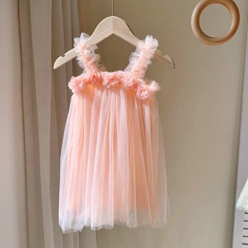 MyKids-USA Summer Baby Kids Girls Sleeveless 3D Flowers Mesh Strap Dress