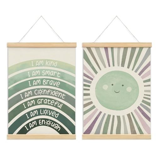 foedor Sage Green Positive Affirmations Wall Art Decor, 12x16 Inch | Boho Wooden Poster Frame for Nursery Kids Bedroom Toddler Baby Girls Classroom Calming Corner Playroom Bathroom