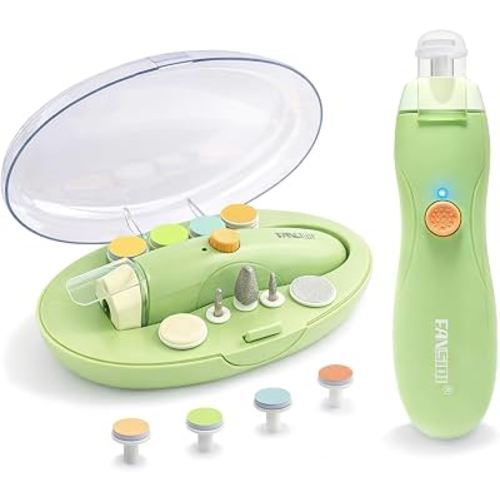 Fansidi Rechargeable Baby Nail Trimmer Electric, Easy & Safe Nail File for Newborn to Toddler, USB Charging, 8100 RPM Stepless Speed, LED Light, Whisper-Quiet for Sleeping Baby,Green, Bonus Adult Head