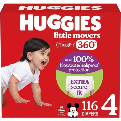 Huggies Size 4 Baby Diapers, Little Movers HuggFit 360° Baby Diapers with 360° Waistband, Size 4 (22-37 lbs), 116 Count, Packaging May Vary