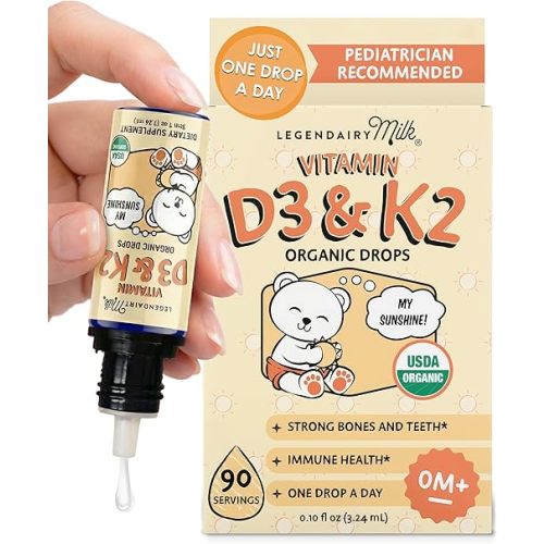 Legendairy Milk Vitamin D Drops for Infants, Organic Baby Vitamin D3 K2 Liquid 400 IU, Vegan for Newborns Toddlers & Kids, Childrens Supplement for Strong Bones & Teeth, Sugar Free, 90 Servings