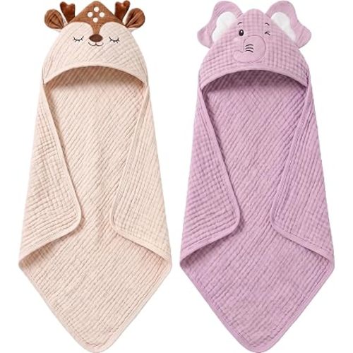 4 PCS Muslin Baby Bath Towels Set for Boys & Girls, Elephant & Deer