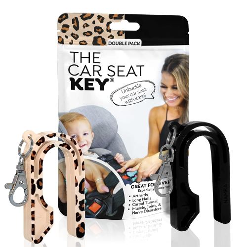 The Car Seat Key - Original Car Seat Key Chain Buckle Release Tool - Easy Unbuckle Opener Aid for Nails, Parents, Grandparents & Older Children by NAMRA Made in USA (2 Pack, Leopard & Black)