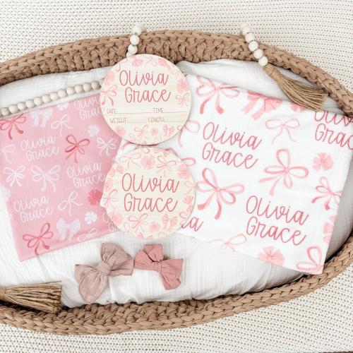 Bow Baby Name Swaddle, Newborn Pink Personalized Blanket