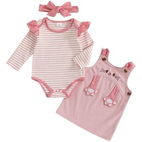 Newborn Baby Girl Fall Winter Clothes Striped Long Sleeve Romper Cat Overall Dress Set Cute Coming Home Outfit