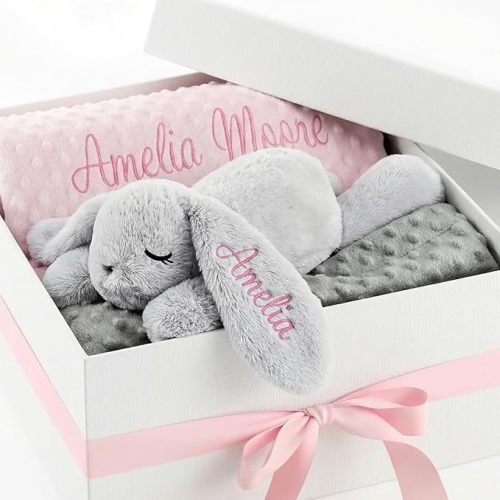 Personalized Baby Blanket and Plush Bunny Set, Custom Blankets and Rabbit