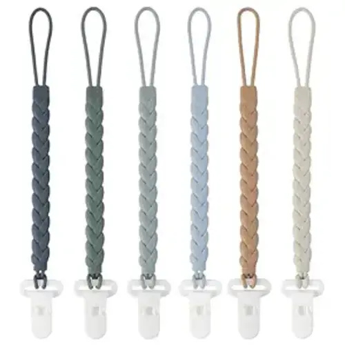 6-Pack Silicone Pacifier Clips with a Woven Rope Shape for Baby Boys and Girls - Flexible and Rust-Free Holders for Teething Relief and Baby Essentials, Safe for Newborns (Grey)