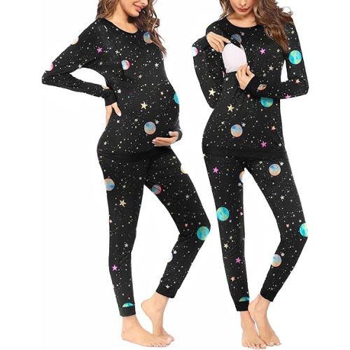 Ekouaer Nursing Pajama Set Long Sleeve Maternity Clothes Labor Pregnancy Pjs Breastfeeding Thermal Underwear Sleepwear