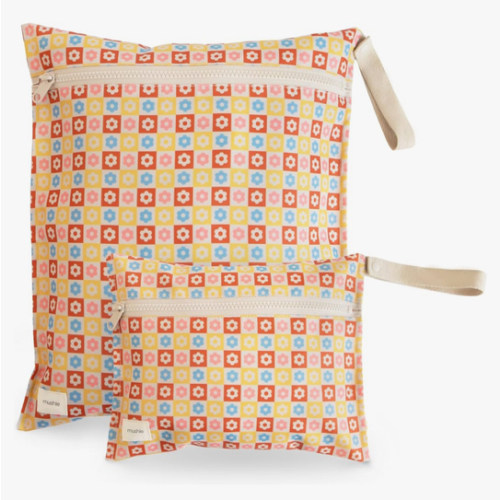 mushie Water Resistant Wet Bags | Large & Small Reusable Storage Bag for Baby Items and Travel | Zippered Pockets with Handle | Machine Washable, Set of 2 (Happy Flowers Check)