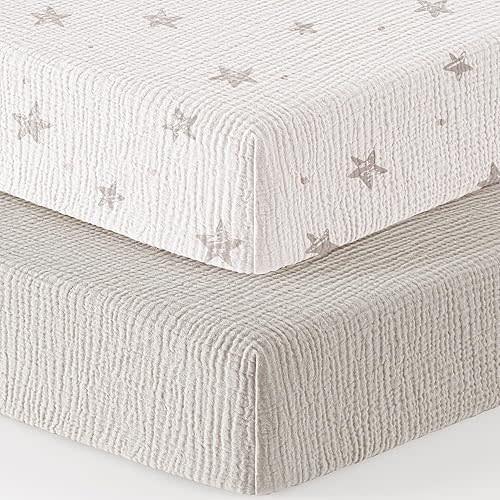 Muslin Mini Crib Sheets for Pack N Play Mattress - 100% Cotton - 38"x26" Soft Breathable Playard Baby Crib Sheets 2 Pack (White Star)