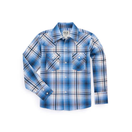 Boy's Ely Cattleman Long Sleeve Textured Plaid Western Snap Shirt- Nav