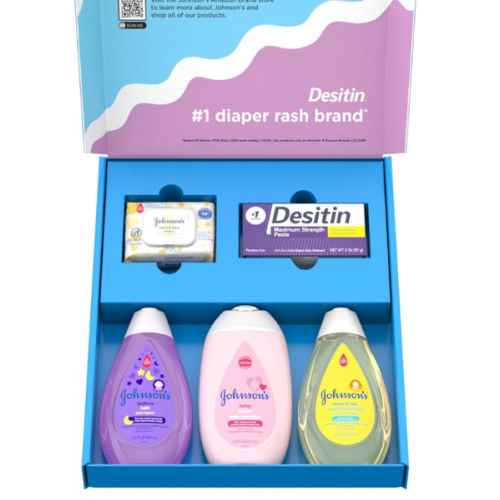 Johnson's Baby Here Comes Baby Gift Set, Baby Essentials for New Parents with Moisturizing Lotion, Bedtime Bath, Body Wash & Shampoo, Hand & Face Wipes, & Diaper Rash Cream, 5 Items