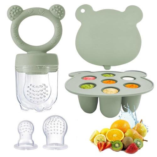 ninecessary Silicone Baby Food Freezer Tray & Baby Fruit Feeder, Breastmilk Popsicle Molds for Teething and Infant Self Feeding, BPA Free Teether for Babies 4 Month+ (Green)