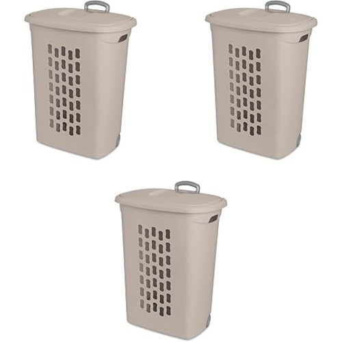 Sterilite 3-Pack Ultra Wheeled Hamper, Plastic Rolling Laundry Basket, Gray Pumice - Portable Clothes Carrier with Flip-Top Lid and Retractable Handle for Home, Apartment, and Dorm