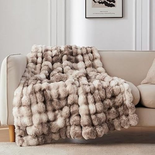 COOVA Faux Fur Throw Blanket for Couch, Cozy Soft and Fuzzy Plush Rabbit Fur Bubble Blanket for Sofa Bedroom Living Room, 50x60 Inches Tie Dye Brown