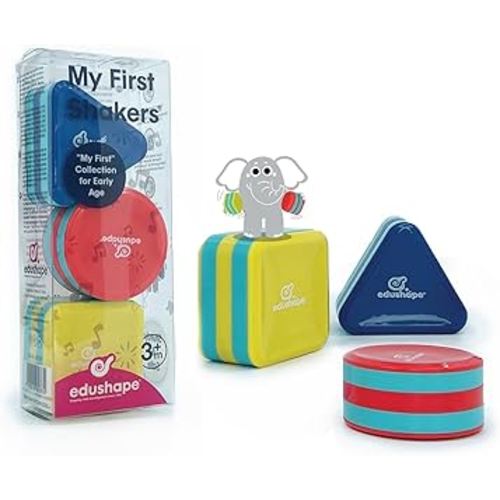 Edushape My First Shakers Basic Shapes - Vibrant Baby Maracas with Soothing Sound - Musical Egg Shakers for Babies - Grasping and Teething Rattle Toys - Enhances Tummy Time, Sensory Development