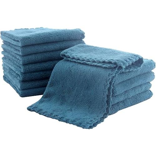 12 Pack Baby Washcloths - Extra Absorbent and Soft Wash Clothes for Newborns, Infants and Toddlers - Suitable for Baby Skin and New Born - Microfiber Coral Fleece 12x12 Inches, Ocean Aquamarine