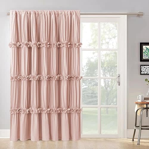 Room Divider Window Curtains, Boho Ruched Blackout Window Treatments with 3 Rows of Butterfly Flowers, Rustic Rod Pocket Drapes for Living Room, 100" W x 84" L, Peach Pink (LQ-30)