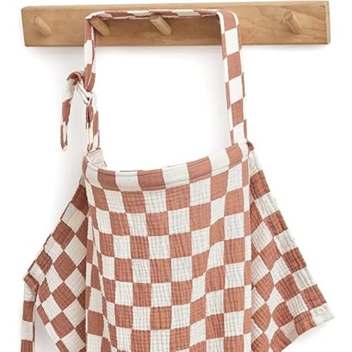 Blissful Diary Muslin Nursing Cover for Breastfeeding, Breathable Breastfeeding Cover up with Arch Neckline for Women, Nursing Apron (Brown Checkboard)
