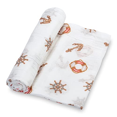 LollyBanks Muslin Swaddle Blanket, 100% Muslin Cotton Gender Neutral Baby Blanket for Girls and Boys, 47 X 47 Inches Baby Receiving Blankets, Baby Essential, Registry (Boat Anchor Print)