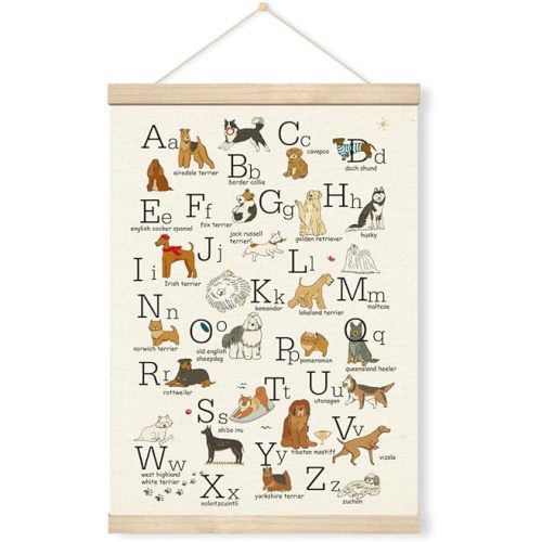 Geondos Dog Breed Canvas Art Decor, Alphabet Chart Dog Hanging Poster with Wood Hanger, Kids Classroom Wall Poster, Nursery Educational Wall Art, Dogs Breed Introduction Hanging Decor 12 x 16 Inches