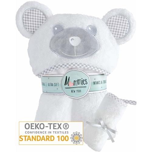 Organic Baby Hooded Towel and Washcloth Set - Premium Bamboo Hooded Bath Towel with Cute Ears - Soft, Large Baby Towel with Hood for Infant, Toddler - Unisex for Boy or Girl - White Bear