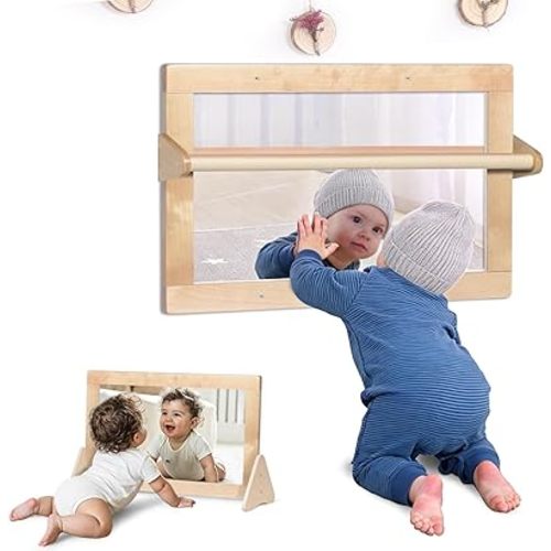3-in-1 Baby Montessori Wooden Frame Non-Shatter Safety Mirror w/ 2 Pull Up Bars, Infant Coordination Small Mirror for 6-18 Months