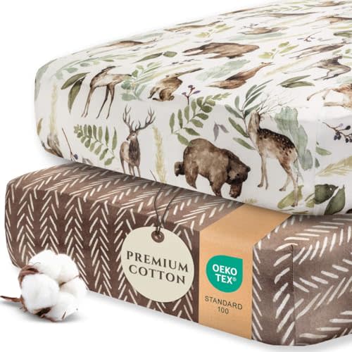 Pobi Baby Crib Sheets for Boys, Soft Cotton Blend, 2-Pack (Wildlife) | Fitted Crib Sheet, Standard Mattress 52x28, Toddler Mattress Sheets, Breathable, Snug, Newborn, Machine Wash, Nursery Bedding
