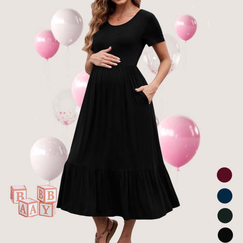 Beaisland Women’s Maternity Dress Short Sleeve Pleated Flowing Pregnancy Beach Dresses