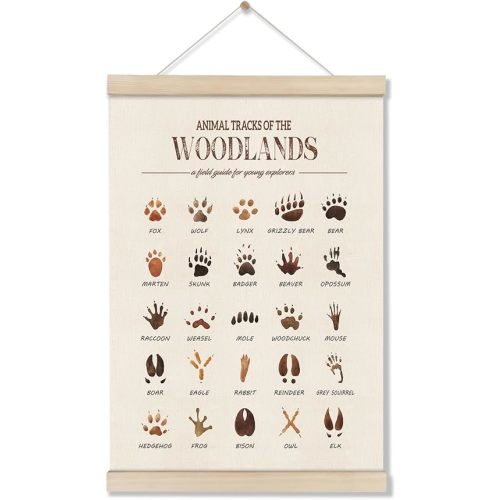 DOI-LANEE Woodland Tracks Poster Hanger Frame, Canvas Artwork Woodland Nursery, Jungle Nursery Decor, Animal Tracks Field Guide Sign, Forest Wall Art, Boy Wall Decor