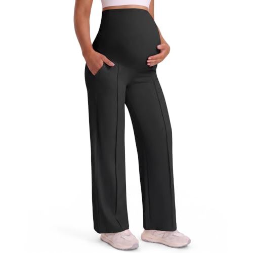Mama Land Maternity Work Dress Pants, Stretchy Wide Leg with Pockets | Over Belly Panel, Front Pintuck, Pregnancy Slack Trousers, Slant Pockets, Polished Office Style, Petite Regular Tall Lengths