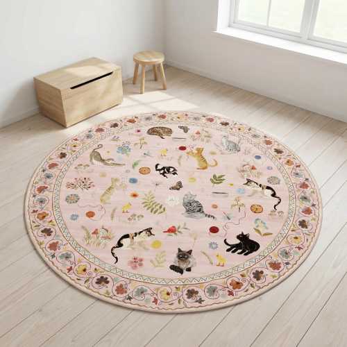 Round Cat Rug: Playful Kitten Floral Nursery Decor (Flat Woven)