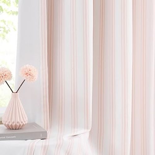 ZJDECOR Pink White Striped Window Curtains 63 Inch Long,Back Tab Rod Pocket